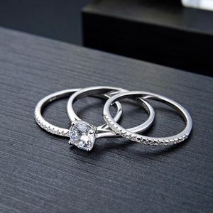 3 Piece Rhodium Plated Sterling Silver 925 Solitaire Ring